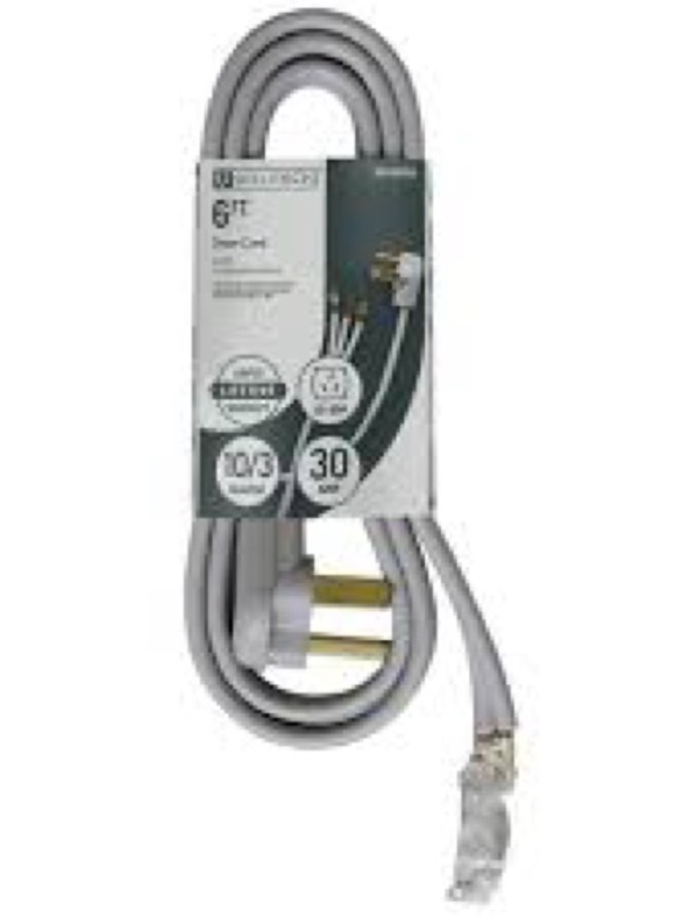 NEW Utilitech 6’ 30A 3-Prong Dryer Cord Gray